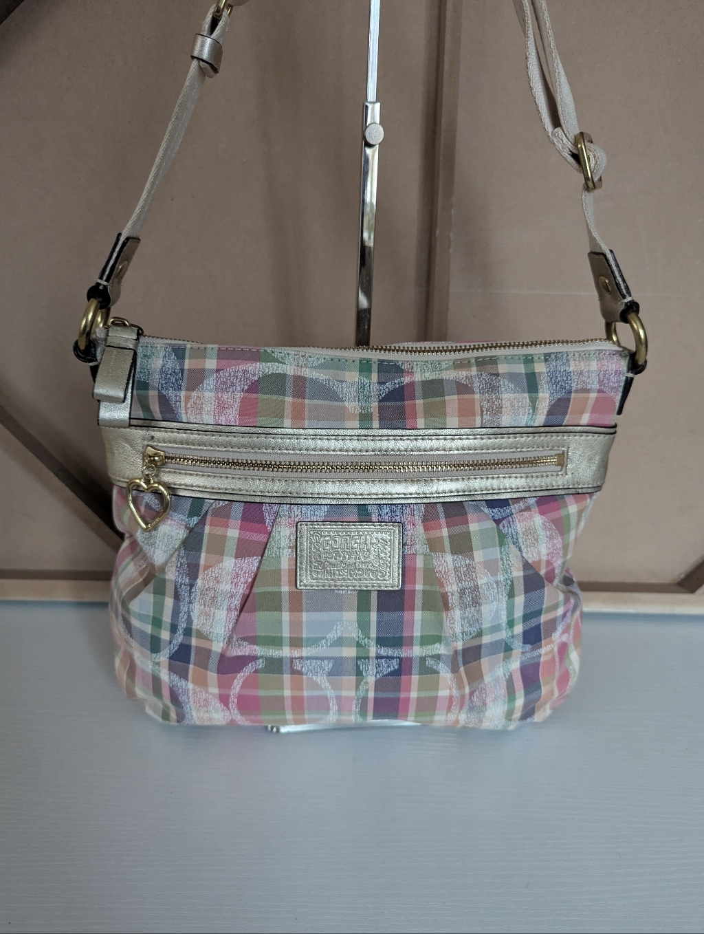 Coach Pastel Multicolor Plaid Crossbody With Gold Trim